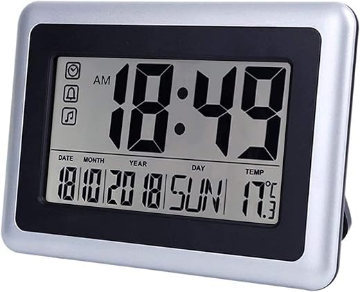 UMEXUS Digital Wall Clock,Desk Clock Large Display with Indoor Temperature Calender Date Battery Operated Digital Clock for Bedroom Kitchen Office School(Silver)