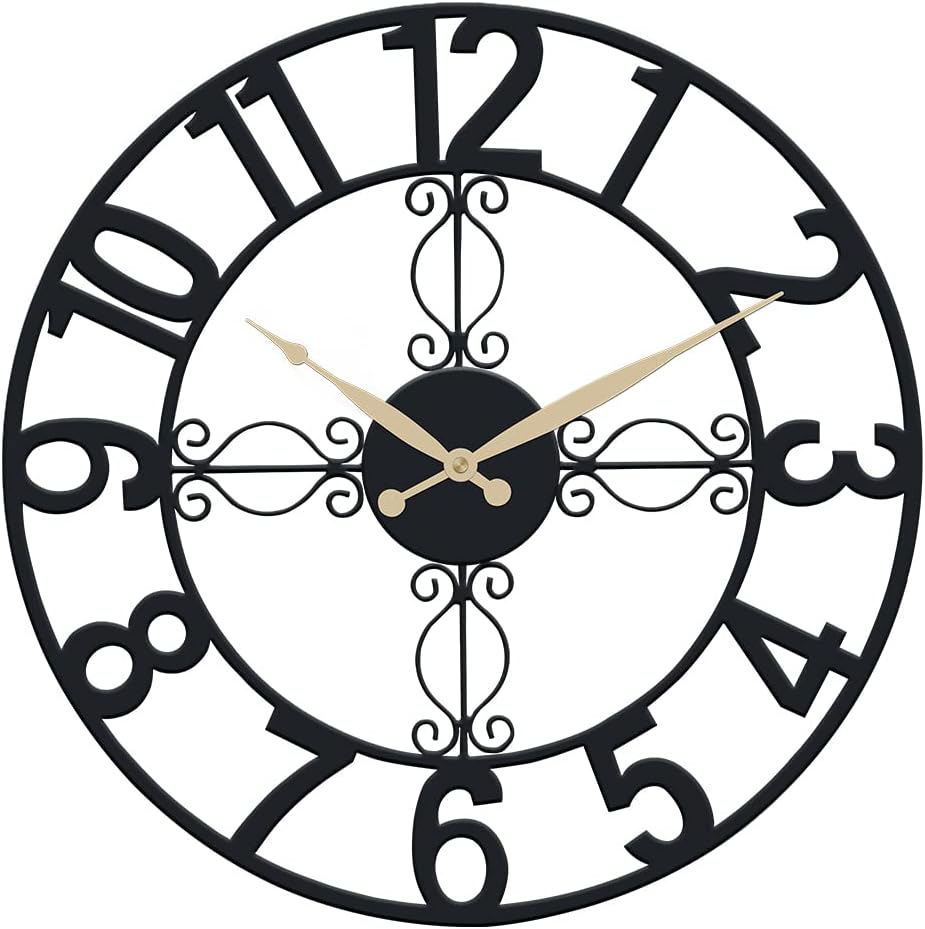 UMEXUS Outdoor Indoor Retro Wall Clock Waterproof, 18Inch Iron Metal Cut Out Large 3D Decorative Silent Non Ticking Wall Clock for Living Room, Patio, Garden, Office, Home Decor (Black)