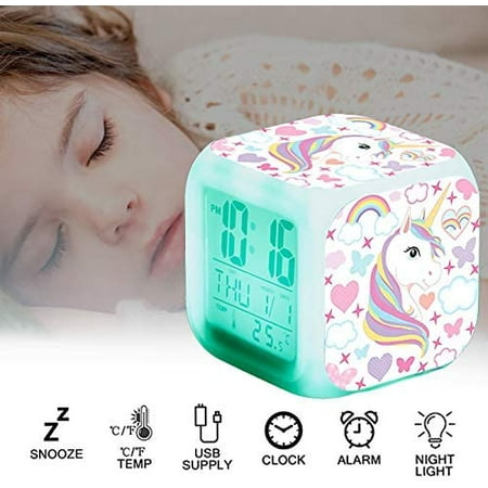 Unicorn Girl Digital Alarm Clock, Bright Night LED LCD Cube with Lights Kids Wake Up Bedside Table