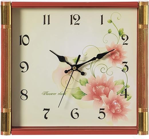 Unique Modern Square Shaped Wall Clock with Floral Design for Living Room, Kitchen, or Dining Room, Brown, (QI004144)