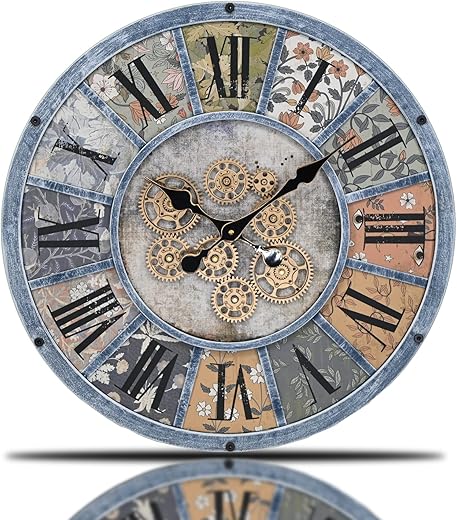 Unique Moving Gear Large Wall Clock - Battery Powered. Retro Industrial Steampunk Country Farmhouse Decor for The Living Room Kitchen Bars cafes and Offices (Blue/Metal/Round)