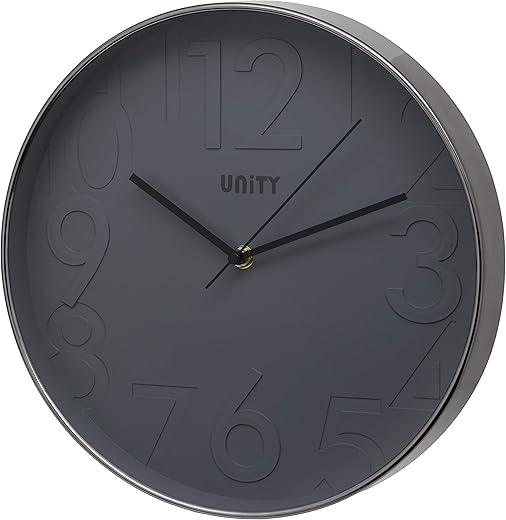 Unity Wall Clock, Clifton, Raised Numbers, Gray, Silent Sweep, 12-inch / 30cm