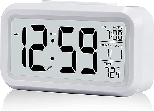 Upgraded Digital Alarm Clock, 4.3" LED Display with Temperature Larger Lound Light Control Portable Snooze Calendar Brightness with Battery Powered Alarm Clocks Bedside for Everyone (White)