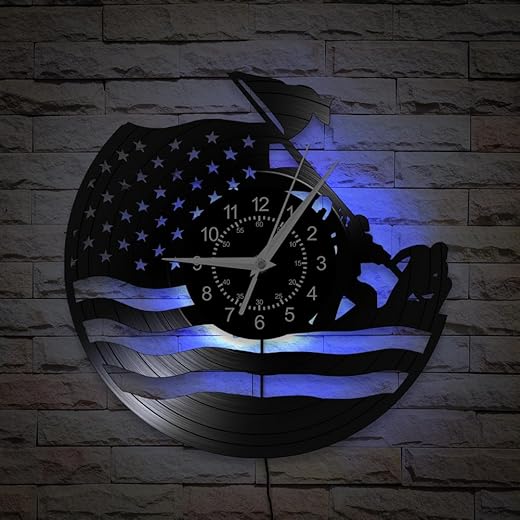 USA Flag Wall Clock, 12 Inch 7 Colors Luminous Marine Corps War Memorial Wall Clock, Silent Non Ticking Modern Decorative Vinyl Record Night Light Wall Lamp Clock for Veteran Soldier Gift