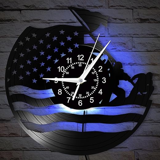 USA Flag Wall Clock, 12 Inch 7 Colors Luminous Marine Corps War Memorial Wall Clock, Silent Non Ticking Modern Decorative Vinyl Record Night Light Wall Lamp Clock for Veteran Soldier Gift