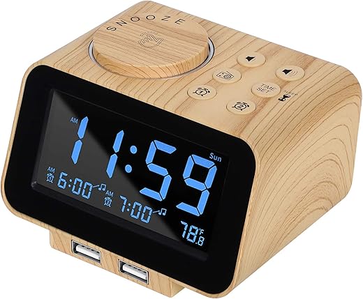 USCCE Digital Alarm Clock Radio - 0-100% Dimmer, Dual Alarm with Weekday/Weekend Mode, 6 Sounds Adjustable Volume, FM Radio w/Sleep Timer, 2 USB Charging Ports, Thermometer, Battery Backup(Wood Grain)