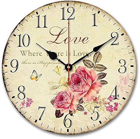 Usmile 12 inch Wall Clock Silent Non Ticking Vintage Large Decorative Wooden Retro Wall Clocks for Living Room Kitchen Kids Room (Sweet Rose Sing for Love Style)