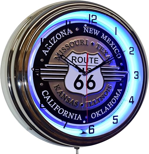 US Route 66 Historic Highway Neon Wall Clock Home Decor (16inch, Blue) (1500BL)