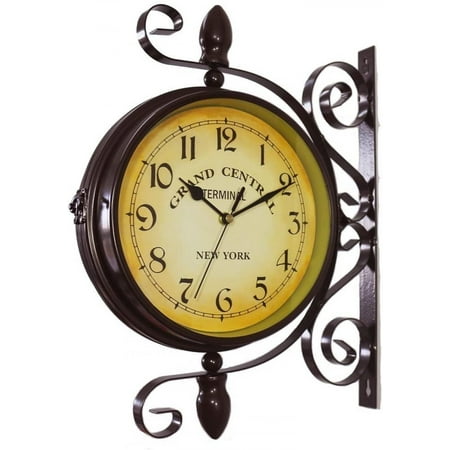 Veeki Wrought Iron Antique-look Brown Round Wall Hanging Double Sided Two Faces Retro Station Clock Round Chandelier Wall Hanging Clock With 8-inch