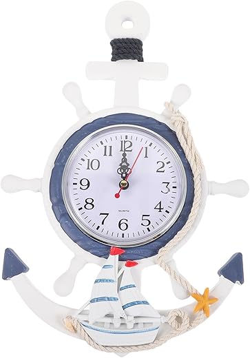 Veemoon Anchor Clock Mediterranean Style Wall Clock Sea Theme Nautical Wheel Rudder Steering Wheel Decoration Wall Hanging Decor