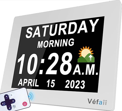 Véfaîî Newest,Dementia Clock with 19 Alarms, Auto DST & Dimming Clock for Wall and Table, Calendar Clock for Seniors, HD Picture Frame, Custom Reminders &Task Alert -Perfect Organizer for Home &School