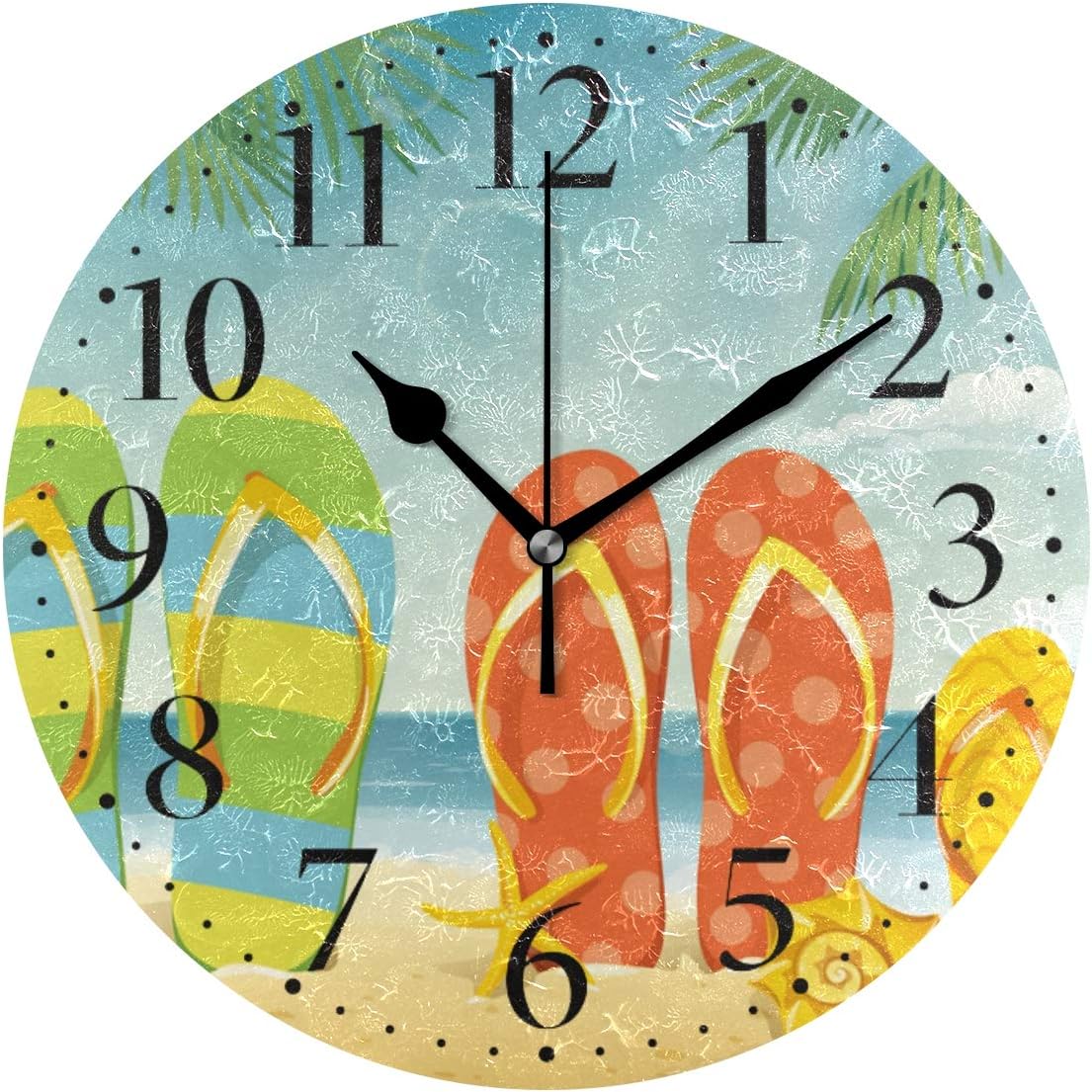 VIKKO Summer Beach Flip Flop Wall Clock 9.8 inch Round Battery Operated Decorative Clock for Kitchen School Office