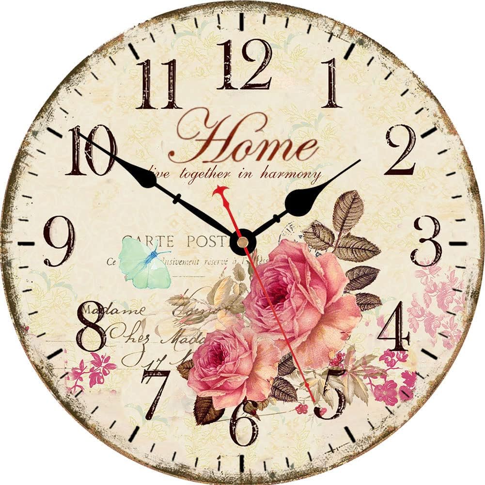 VIKMARI 14 Inch Wooden Wall Clock Art Hanging Clocks Silent Non-Ticking Wall Clock Battery Operated Round Home Flowers Style Arabic Numeral Decorative Wall Clocks