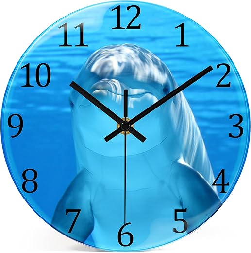 VIKMARI Coastal Nautical Glass Wall Clock Decorative Blue Ocean Dolphin Sea Beach Bathroom 8 Inch Clock Battery Operated Small Silent Analog Clock for Home Kitchen Office,Bedroom,Living Room