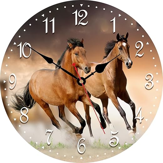 VIKMARI Wall Clock Silent Non Ticking - 14 Inch Running Horse Pattern Kitchen Wall Clock Quality Quartz Battery Operated Round Wall Clock for Home/Office/Classroom/School