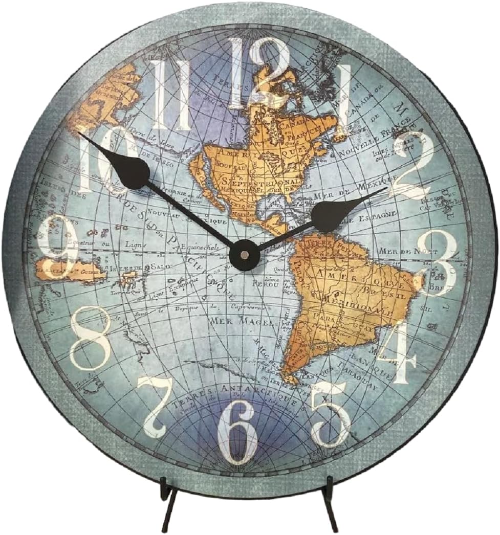 Vincenzo Blue World Map Wall Clock | Ultra Quiet Quartz Mechanism | Hand Made in USA Beautiful Crisp Lasting Color | Comes in 8 Sizes | 12-Inch