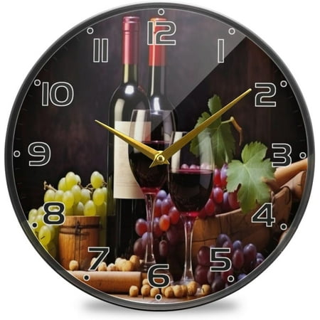 Vineyard Wine Grape Wall Clock Round Silent Non Ticking Battery Operated Accurate Arabic Numerals Design Clocks for Home Kitchen Living Room Bedroom 9.5inch Home Decor