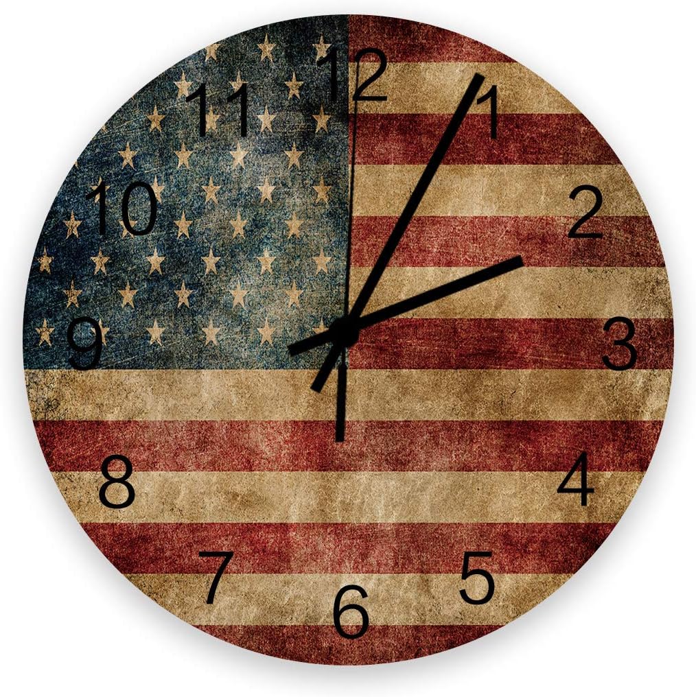 Vintage American Flag Wall Clock Silent Non Ticking, Independence Day Retro American Flag Clock, Battery Operated Quartz Wooden Round Wall Clocks Decorative for Living Room/Kitchen/Office 12 Inch