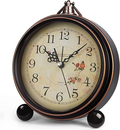 Vintage Analog Alarm Clock, 5.25 inch Small Silent Desk Clock with Night Light, Battery Operated for Table, Bedroom, Bedside, Living Room, Gift Clock (Flower)