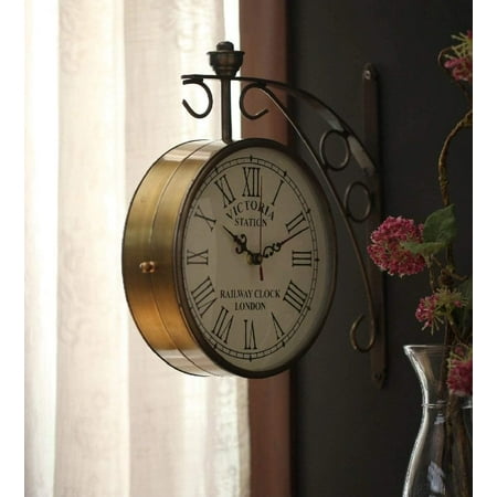 Vintage Double-Sided Antique Brass Victoria Station Wall Clock 8 Black Finish Elegant Home Décor