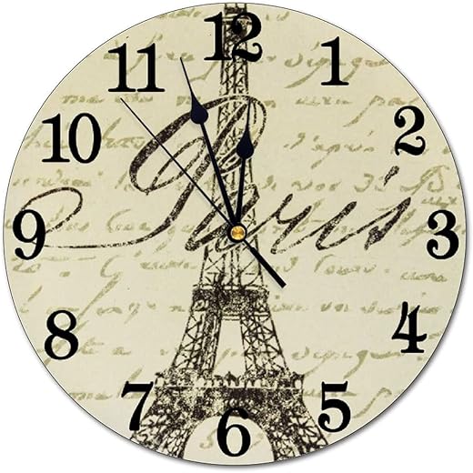 Vintage Eiffel Tower Wall Clock Battery Operated Silent Round Clock Paris Theme Wall Decor for Home, Office, School 9.8 Inch