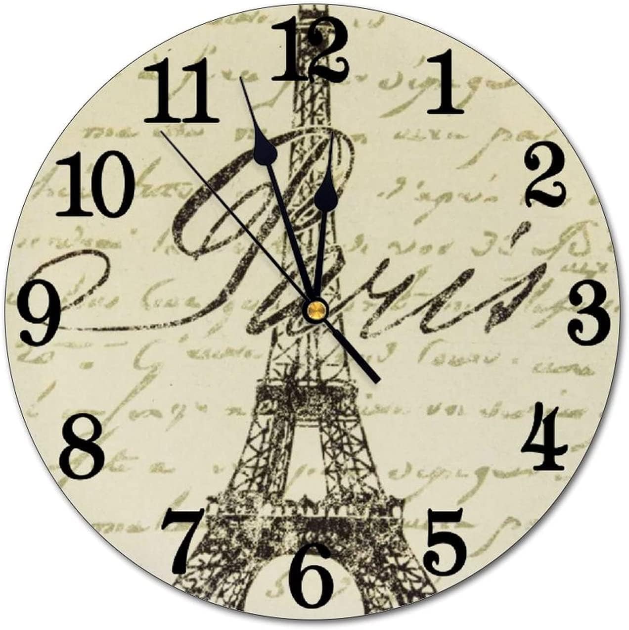 Vintage Eiffel Tower Wall Clock Battery Operated Silent Round Clock Paris Theme Wall Decor for Home Office School, 12 Inch