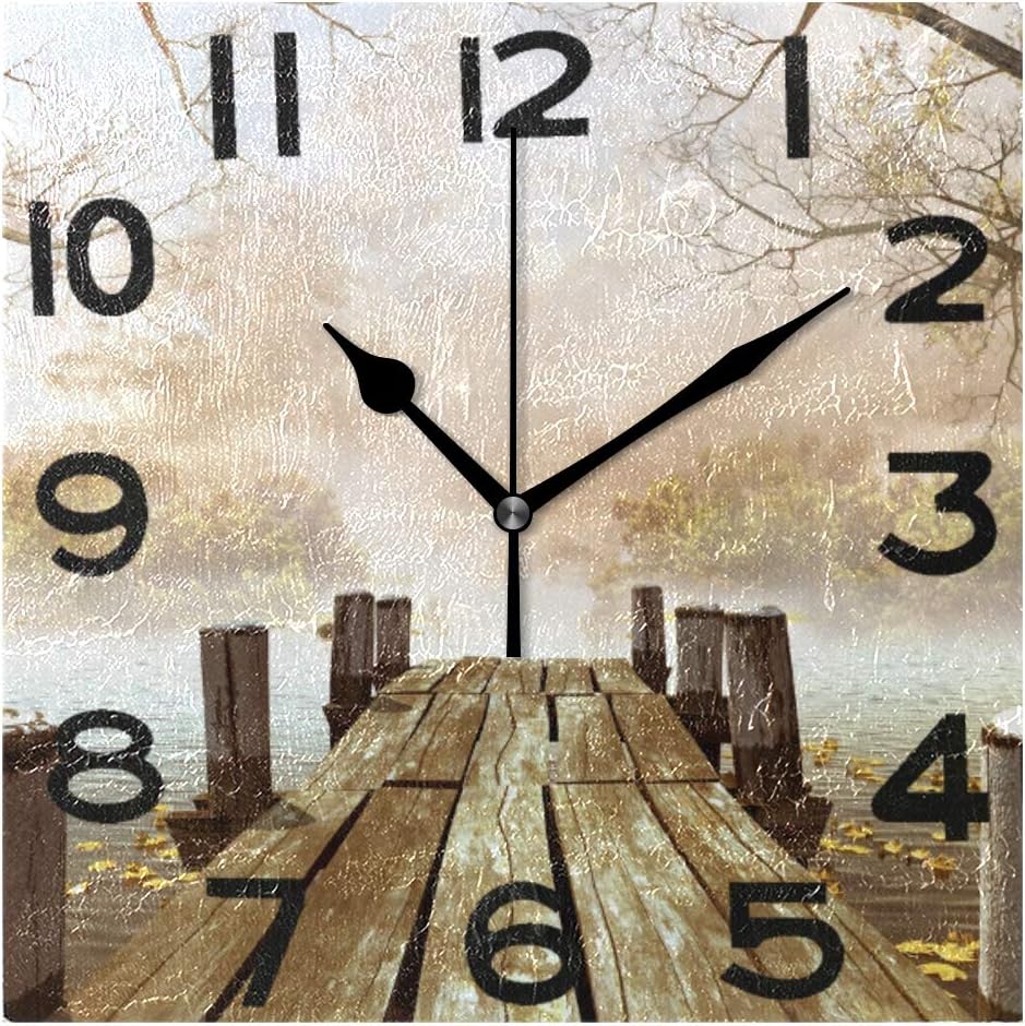 Vintage Foggy River Wooden Dock with Leaves and Tree Branches Square Wall Clock, 8 Inch Battery Operated Quartz Analog Quiet Desk Clock for Home,Office,School