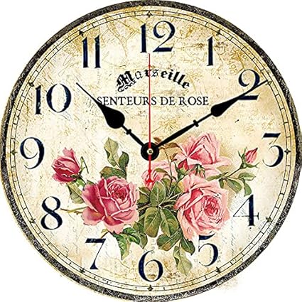 Vintage French Floral Wall Clock with Pink Rose Pattern Small Round Silent Non-Ticking Quartz Movement 8 inches Wall Clocks Battery Operated Home Flower Decorative for Bedroom,Living Room