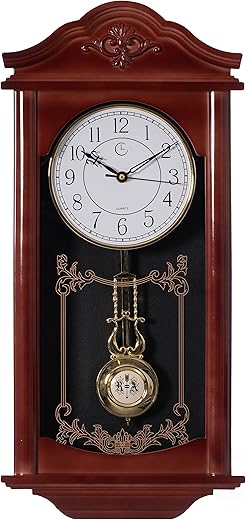 Vintage Grandfather Wood - Looking Plastic Antique Pendulum Wall Clock for Living Room Decor, Kitchen, Office, Or Dining Room, Silent Wall Mount Battery-Operated, Large Brown