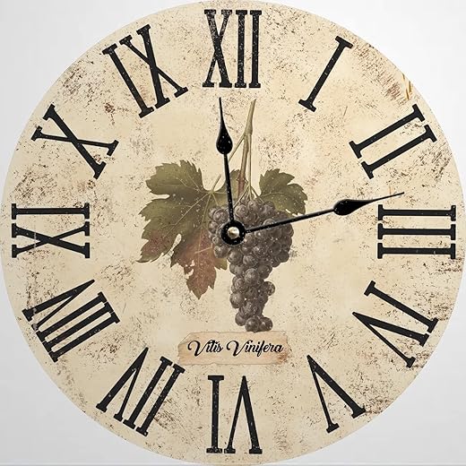 Vintage Grape Wall Clock Kitchen Clock Wine Decor French Country Romantic Decorative Wall Clocks Roman Numeral Clock Decor for Living Room,Bedroom,Office,12 Inch