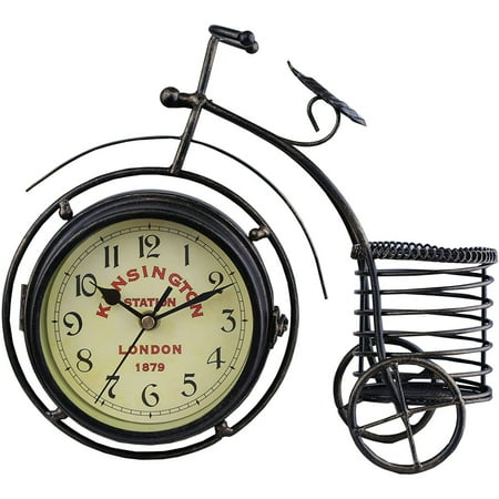 Vintage Metal Rustic Bicycle Clock Bike Shaped Double Side Table Decorative Clock for Home Decor with Basket