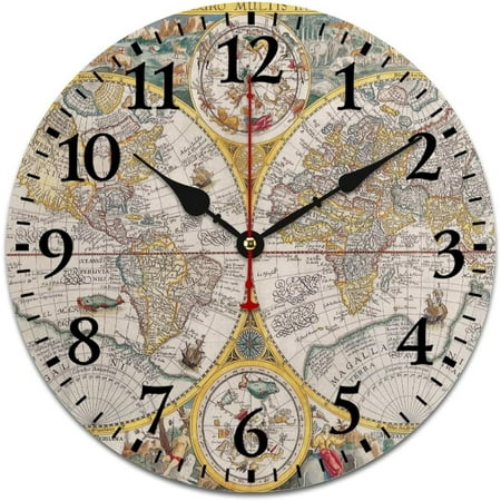 Vintage Old World Map Wooden Wall Clock Old Nautical Map Rustic Wooden Art Hanging Clock Silent & Non-Ticking For Kids Room And Kitchen Arabic Numeral 10 Inch Round