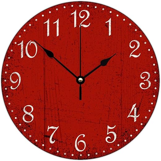 Vintage Red Wall Clock, 12 Inch Silent Battery Operated Arabic Rustic Chic Red Decorative Wall Clock for Living Room