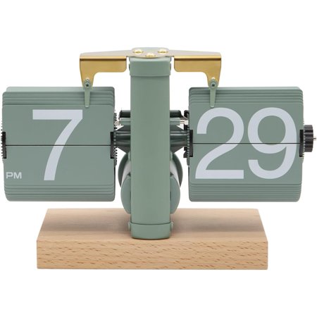 Vintage Retro Beech Wood Flip Down Clock Mechanical Battery-Operated Desk Clock Home Office Decor Green