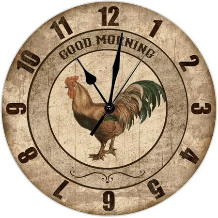 Vintage Rooster Chicken Clock Kitchen Wall Clock Good Morning Rooster 12 Inch Wall Clocks Battery Operated Silent Antique Vintage Wall Decor For Living Room Bedroom Office