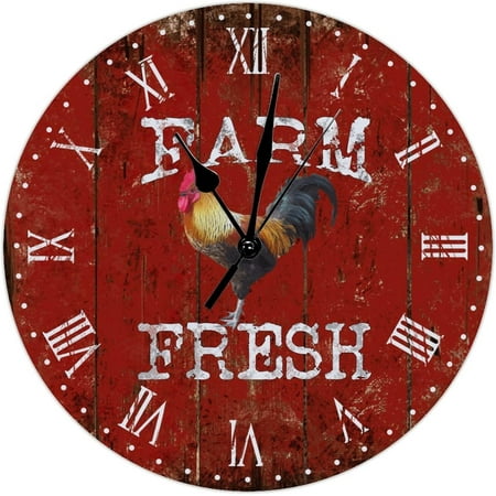 Vintage Rooster Chicken Wall Clock Kitchen Clocks Old Red Wood Grain Large Wall Clocks Battery Operated 12 Inch Silent Antique Vintage Farm Home Decor Wall Decor For Bedroom Living Room Office