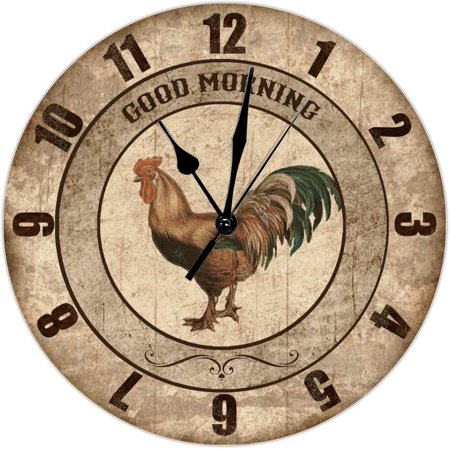 Vintage Rooster Chicken Wooden Wall Clock Kitchen Clock Good Morning Rooster 10 Inch Round Wall Clocks Battery Operated Silent Non-Ticking French Retro Home Decor For Living Room Bedroom Office