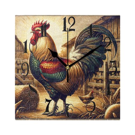 Vintage Rooster Wall Clock Decorative Square Silent Non-Ticking Operated Clocks Aesthetic for Bedroom Living Room