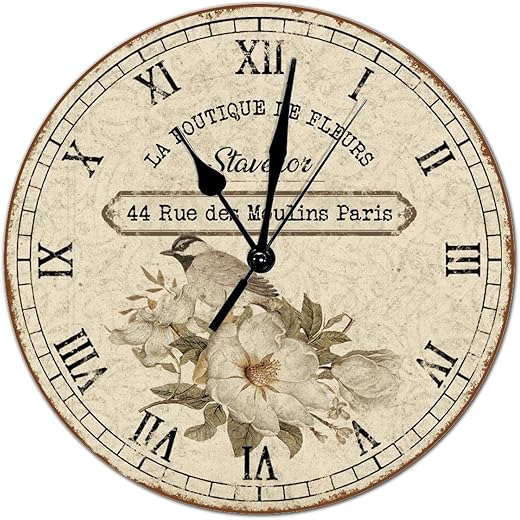 Vintage Style Round Wood Wall Clock French Vintage Flower Roman Numerals Wooden Clock Battery Operated Silent Non-Ticking Large Clocks for Cottage Living Room Bedroom Walls 10x10in Decor