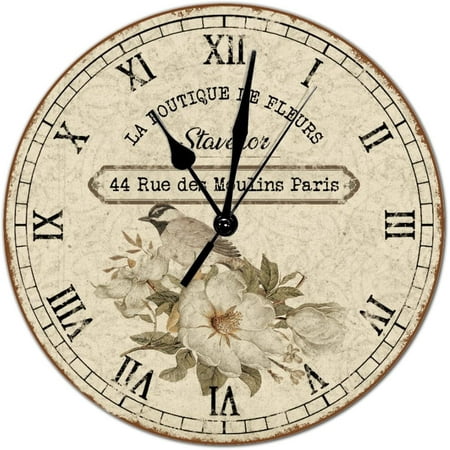 Vintage Style Round Wood Wall Clock French Vintage Flower Roman Numerals Wooden Clock Battery Operated Silent Non-Ticking Large Clocks For Cottage Living Room Bedroom Walls 10X10In Decor