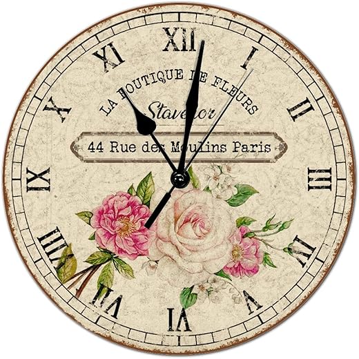 Vintage Style Round Wood Wall Clocks French Vintage Flower Roman Numerals Wooden Clock Silent Non-Ticking Battery Operated Clock for Cottage Bedroom Office Kitchen and Dining Room Decor 15x15in