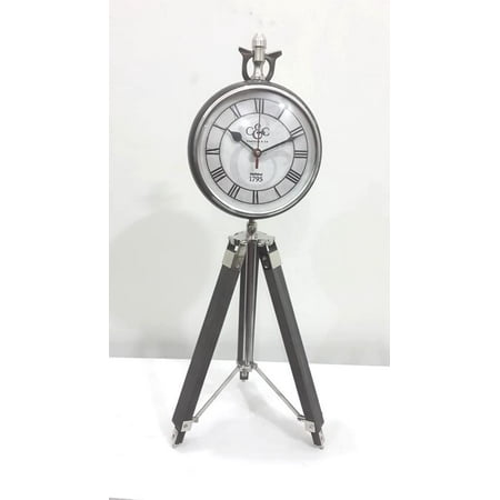 Vintage Style Table Top Desk CHROME Clock Collectible Watch Decorative With Wooden TRIPOD