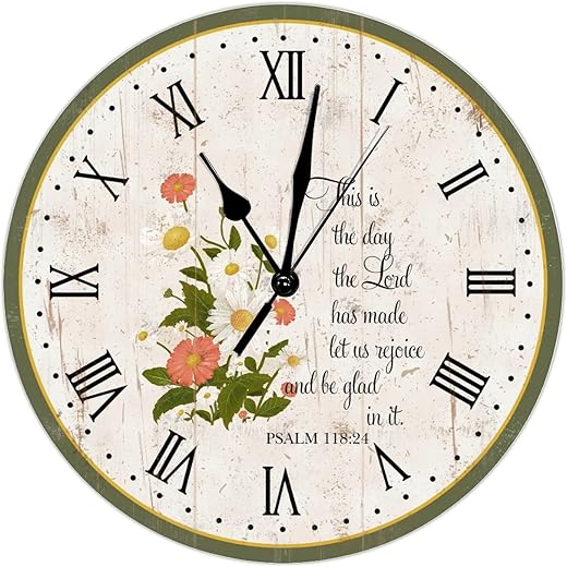 Vintage Sunflower Daisy Clock Scripture Wall Clock This Is The Day The Lord Large Wooden Wall Clocks Battery Operated 15 Inch Silent Silent Rustic Home Decor for Home Kitchen Office School Bathroom