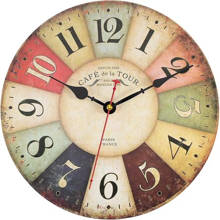 Vintage Wall Clock, 30 cm French Country Tuscan Style Wooden Clock Silent Non-Ticking Battery Operated Clock-12 Colorful Number