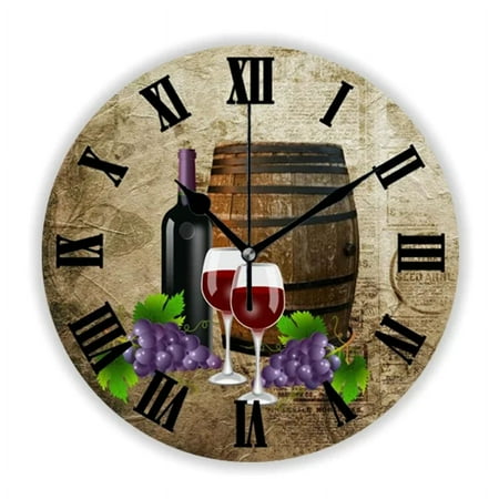 Vintage Wine Barrel and Glasses Grapes Wall Clock for Kitchen Dining Room Bar Tavern Large Wall Watch Winery Drunkery Home Decor