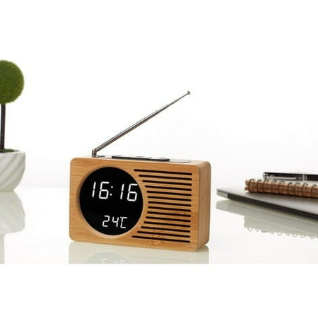 Vintage Wooden Bedside Radio Alarm Clock Lazy Silent Alarm Clock Creative Gift Electronic Clock 16.5 * 4.5 * 9cm Bamboo Mirror True White Light