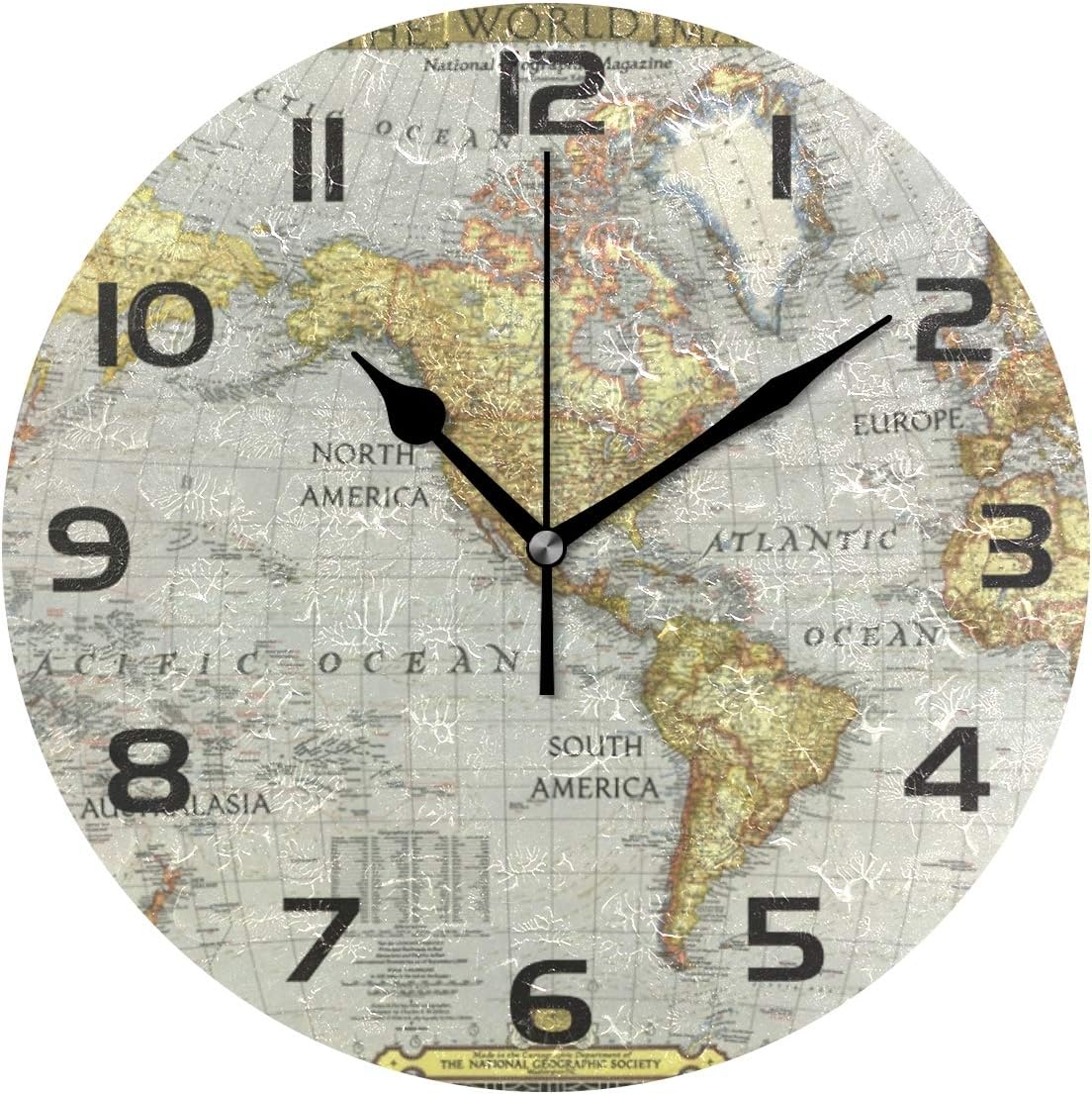 Vintage World Map Round Wall Clock Silent Non Ticking, Retro Arabic Numerals Design Clock for Home,Office,School Art Decorative