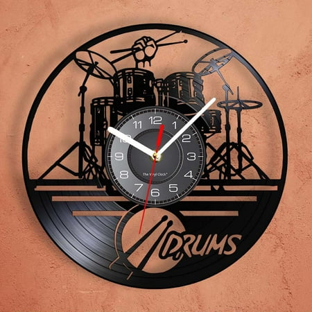 Vinyl Record Wall Clock Shelf Drum Instrument Modeling Wall Clock, Vinyl Record Wall Clock Car Clock Shelf Drum Musical Instrument Shape Wall Clock #A