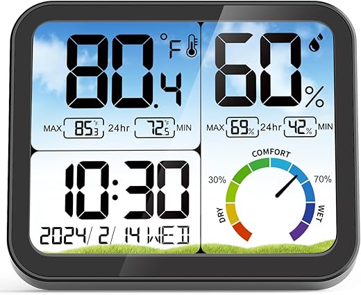 VOCOO Digital Indoor Room Thermometer - 5.8'' Extra Large Display Temperature Humidity Sensor with Accurate Temp Humidity Gauge Monitor, Calibration, Max & Min Records, Comfort, Backlit, Date & Clock