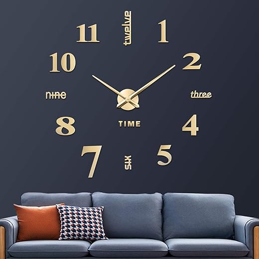 VREAONE Frameless DIY Wall Clock,Large Modern 3D Mirror Wall Clock Decor Sticker DIY Clock kit for Home Living Room Bedroom Office Wall Decorations(Gold)